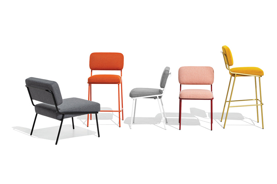Sixty Chair by Connubia, showing side view of sixty chair in matt optic white metal frame/grey mat upholstery with chairs/stools.