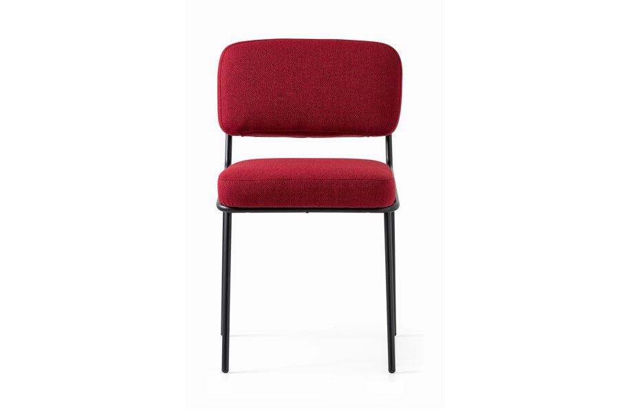 Sixty Chair by Connubia, showing front view of sixty chair in matt black metal frame/burgundy cros upholstery.