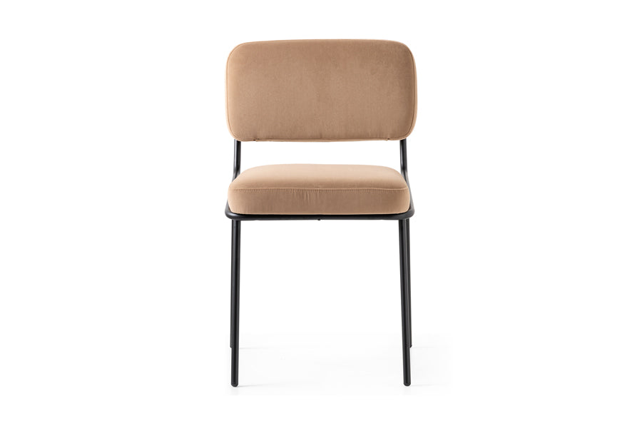 Sixty Chair by Connubia, showing front view of sixty chair in matt black metal frame/camel brown mat upholstery.