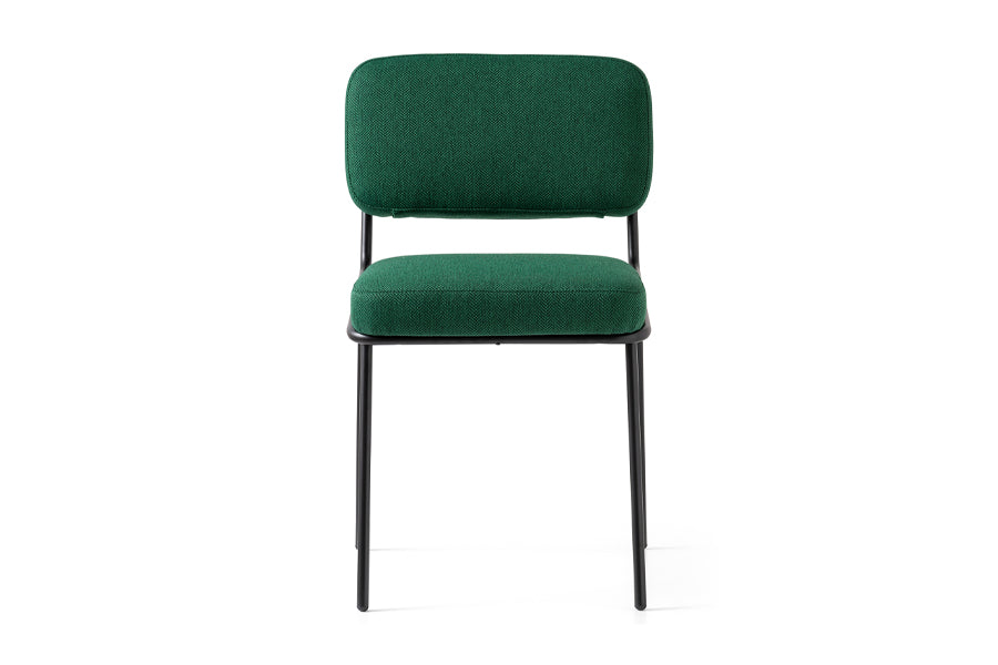Sixty Chair by Connubia, showing front view of sixty chair in matt black metal frame/forest green cros upholstery.
