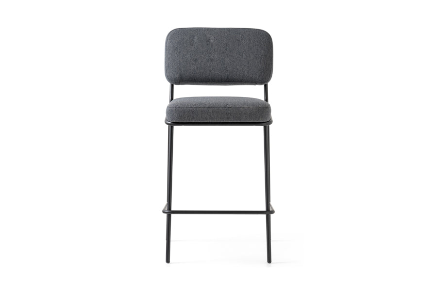 Sixty Counter Stool by Connubia, showing front view of sixty counter stool in matt black metal frame/black cros upholstery.