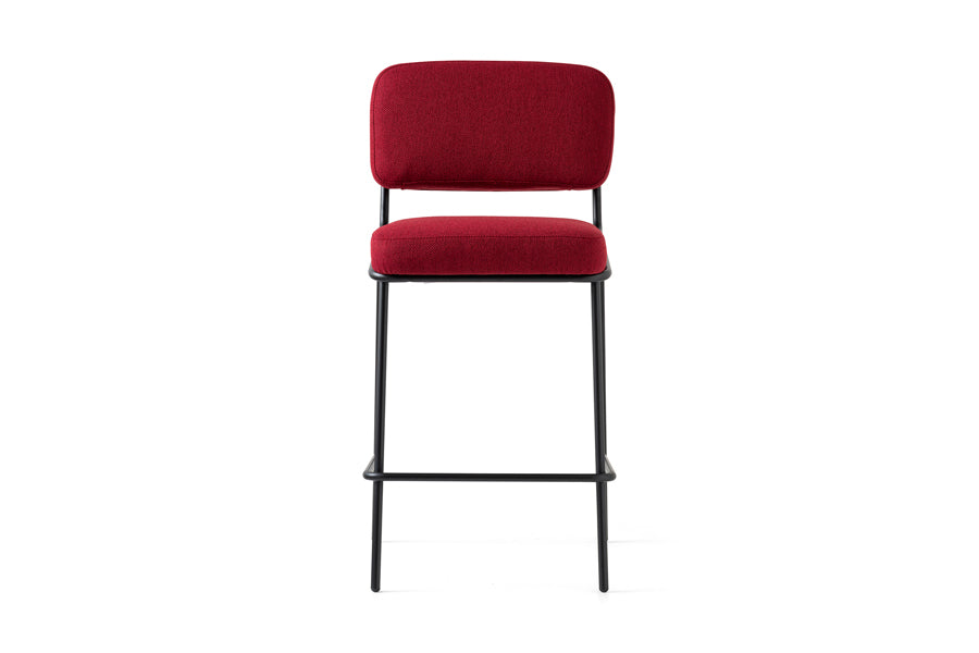 Sixty Counter Stool by Connubia, showing front view of sixty counter stool in matt black metal frame/burgundy cros upholstery.