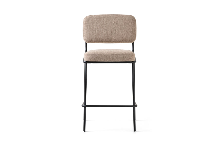 Sixty Counter Stool by Connubia, showing front view of sixty counter stool in matt black metal frame/taupe cros upholstery.