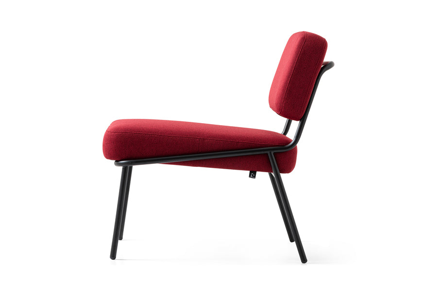 Sixty Lounge Chair by Connubia, showing side view of sixty lounge chair in matt black metal frame/burgundy cros upholstery.