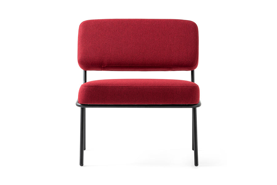 Sixty Lounge Chair by Connubia, showing front view of sixty lounge chair in matt black metal frame/burgundy cros upholstery.