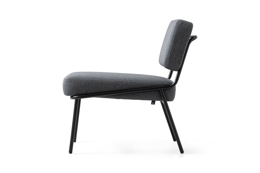 Sixty Lounge Chair by Connubia, showing side view of sixty lounge chair in matt black metal frame/black cros upholstery.