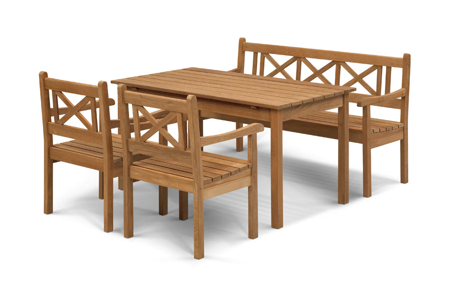 Skagen Chair by Skagerak, showing skagen chairs with bench & table in teak.