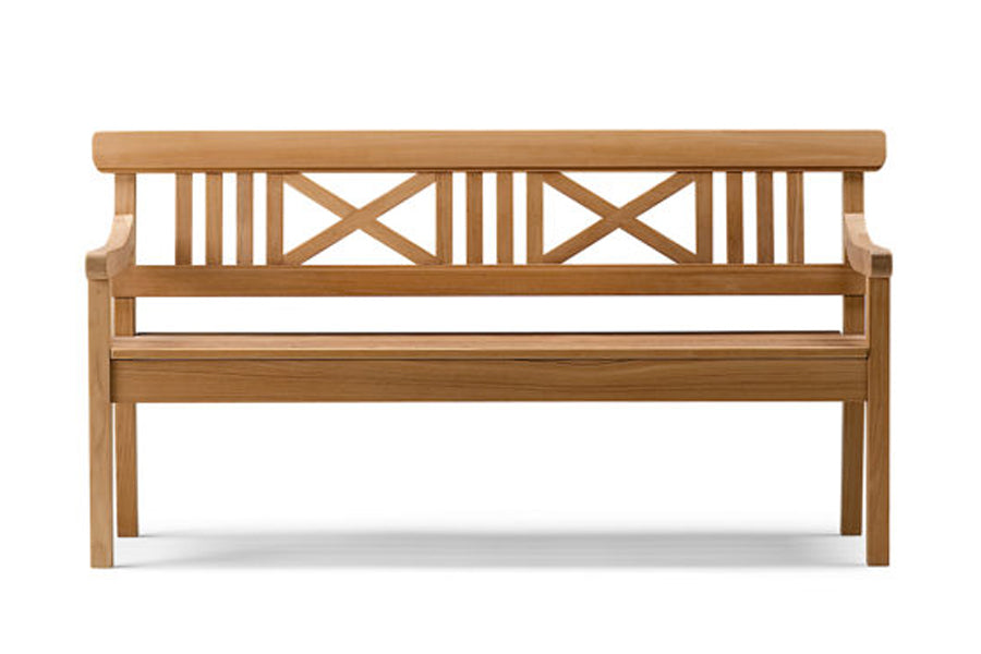 Drachmann Bench by Skagerak, showing front view of 65" x 23" drachmann bench in teak.