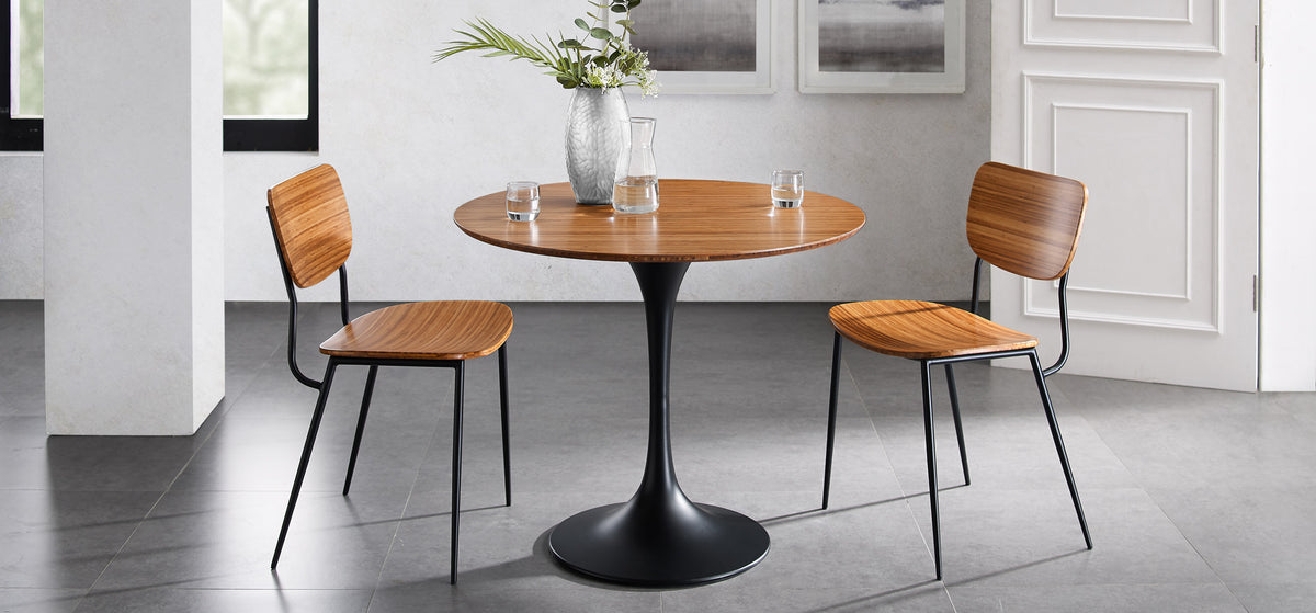 Soho 36" Amber Round Dining Table by Greenington, showing soho 36" amber round dining table with dining chairs in live shot.