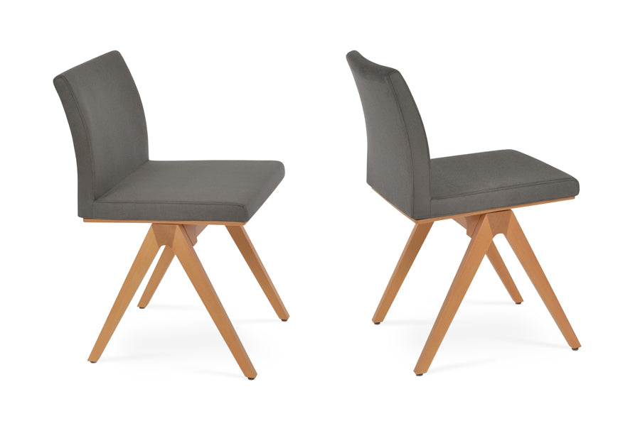 Aria Fino Wood Chair by SohoConcept, showing two aria fino wood chairs in smoke grey nubuck fabric with natural ash wood base.