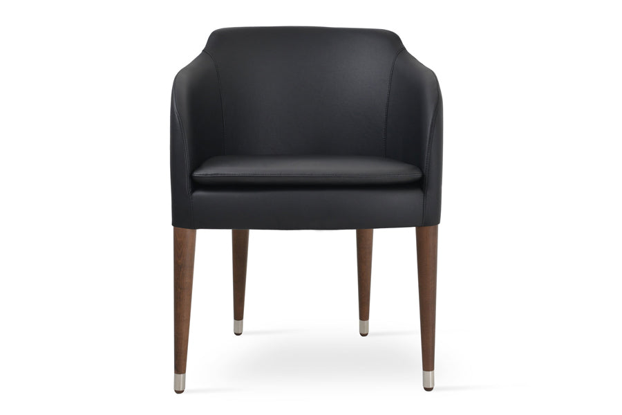 Buca Wood Dining Armchair by SohoConcept, showing front view in black leatherette with beech walnut finish.