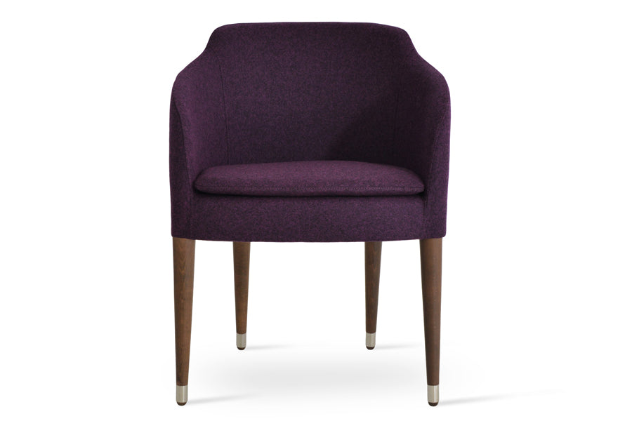 Buca Wood Dining Armchair by SohoConcept, showing front view in camira blazer new deep maroon wool with beech walnut finish.