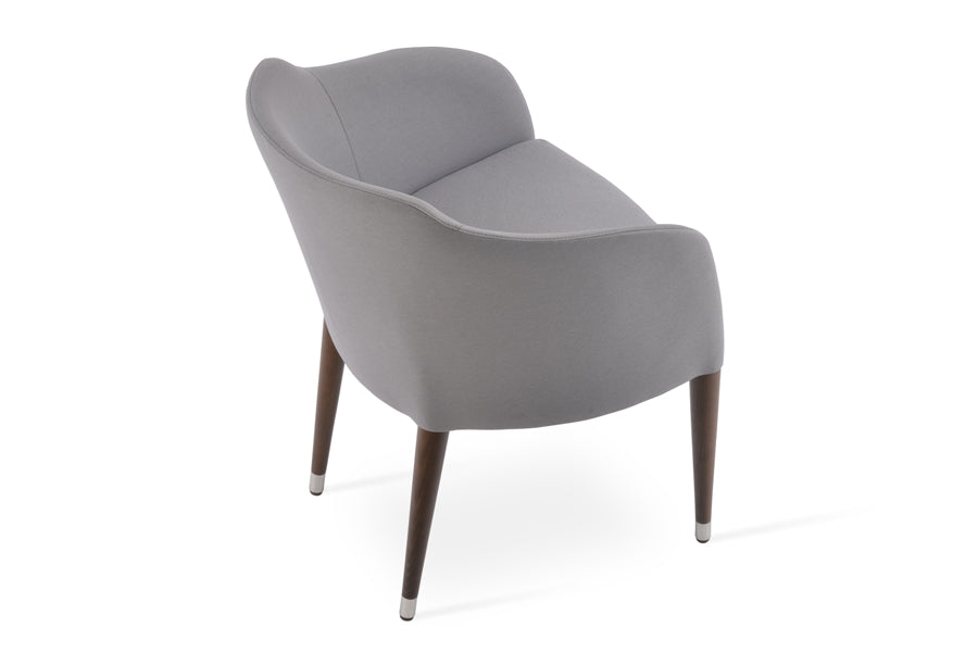 Buca Wood Dining Armchair by SohoConcept, showing back view in camira era light grey fabric with walnut finish.