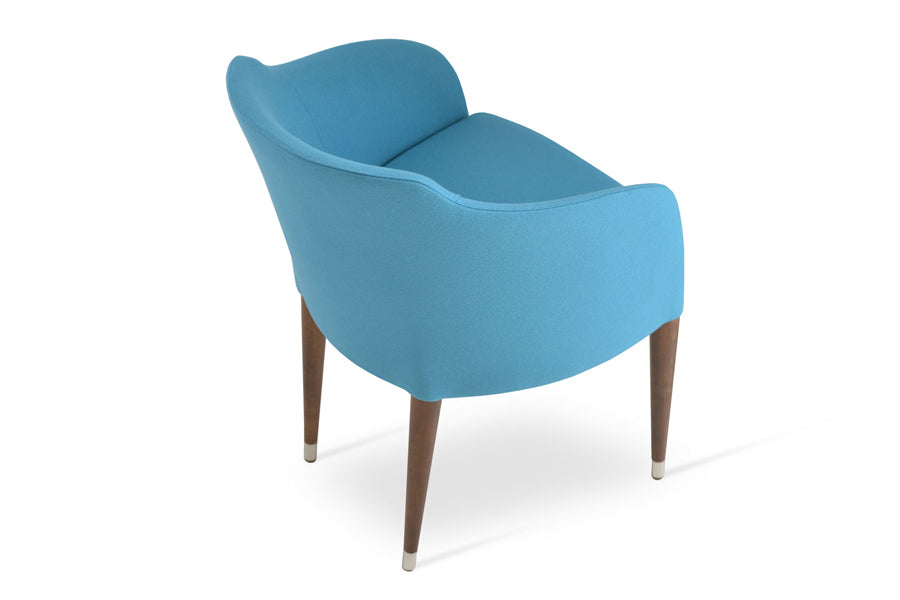 Buca Wood Dining Armchair by SohoConcept, showing back view in camira blazer turquoise wool with walnut finish.