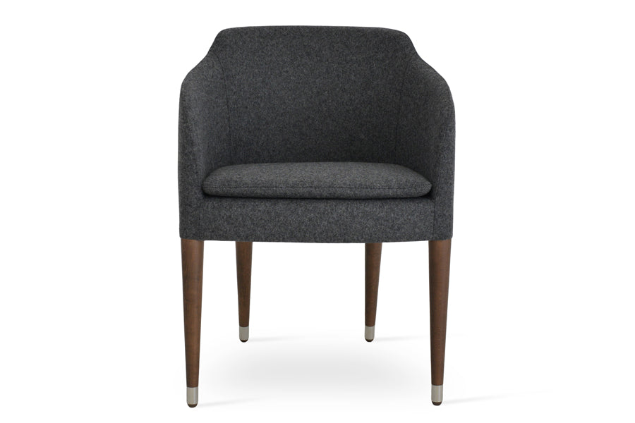 Buca Wood Dining Armchair by SohoConcept, showing front view in camira blazer dark grey wool with beech walnut finish.