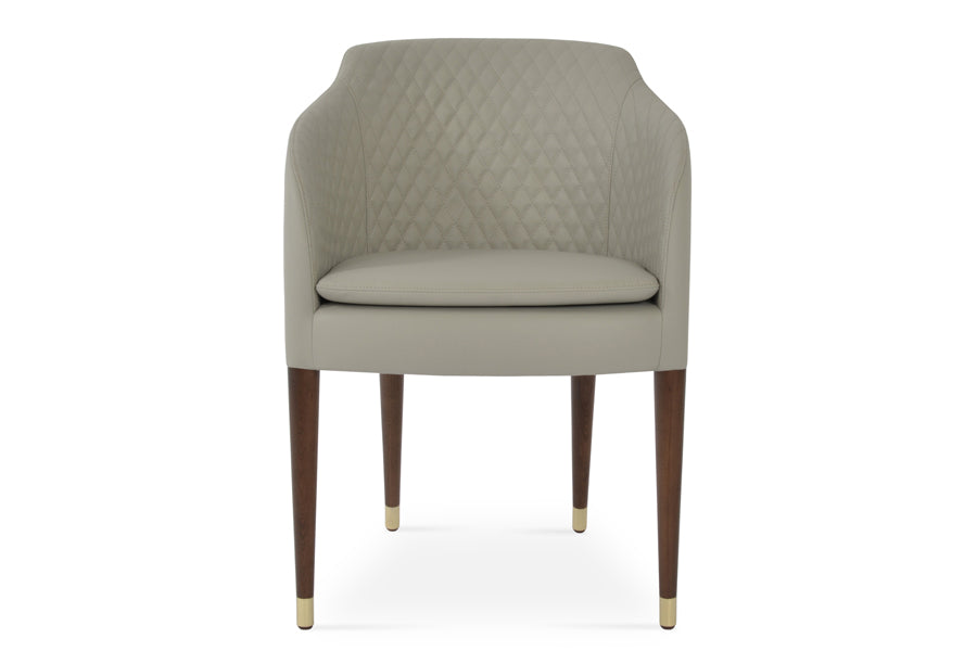 Buca Wood Dining Armchair by SohoConcept, showing front view in light grey leatherette with walnut finish & gold ring.