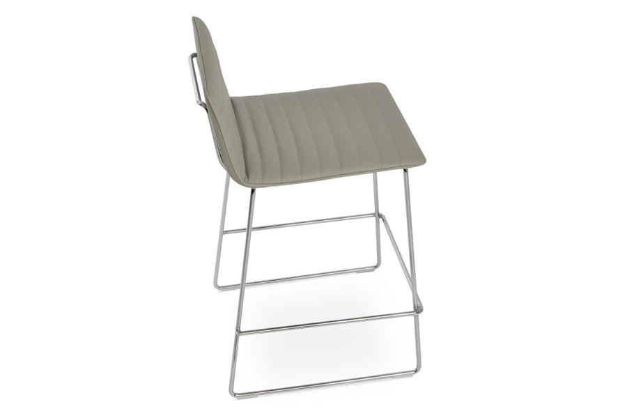 Corona Full Upholstery Wire Handle Back Stool by SohoConcept, showing side view in light grey leatherette with chrome wire base.