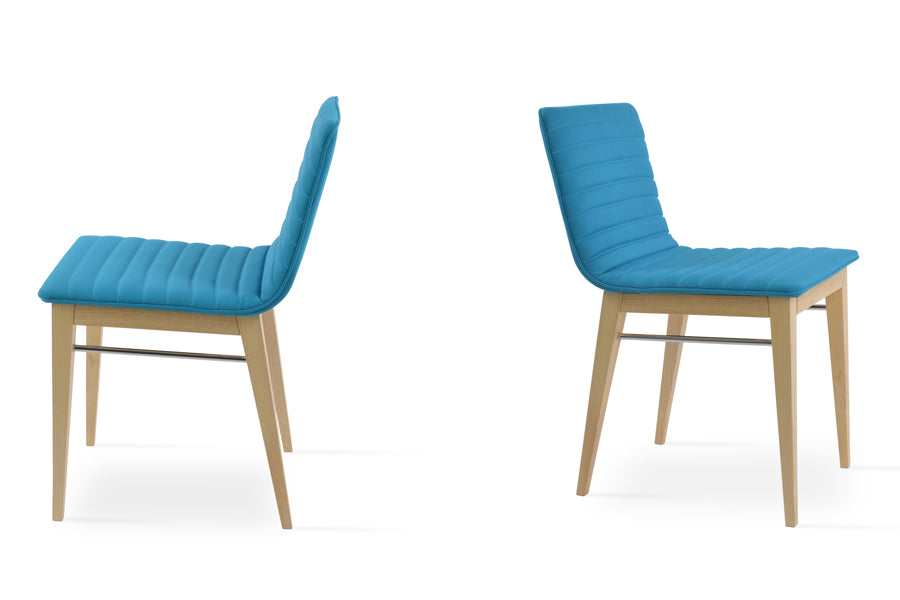 Corona Full Upholstery Wood Dining Chair by SohoConcept, showing angle view of two chairs in camira era turquoise fabric with natural finish.