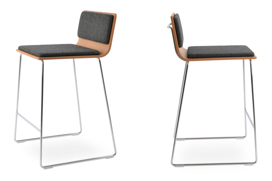 Corona Handle Back Wire Bar Stool by SohoConcept, showing angle & side view of two stools in camira blazer dark grey wool pads, natural plywood seat with chrome wire base.