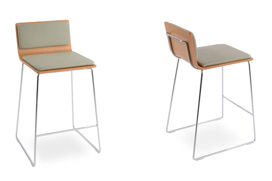 Corona Handle Back Wire Bar Stool by SohoConcept, showing angle view of two stools in light grey leatherette pads, natural plywood seat with chrome wire base.