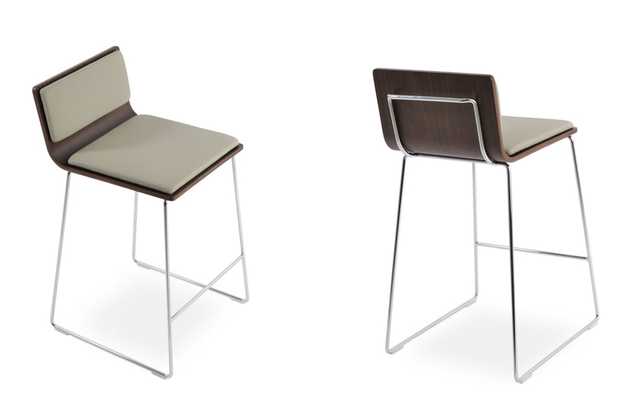 Corona Handle Back Wire Counter Stool by SohoConcept, showing angle view of two stools in light grey leatherette seat pad, american walnut plywood seat with chrome wire base.