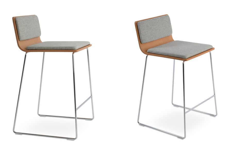 Corona Handle Back Wire Counter Stool by SohoConcept, showing angle view of two stools in camira blazer silver wool pads, natural plywood seat with chrome wire base.
