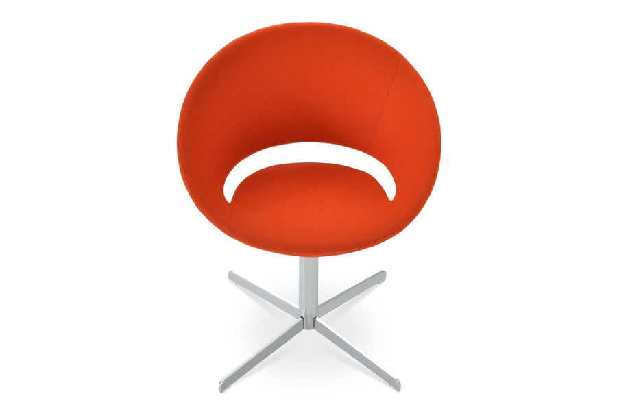 Crescent 4 Star Swivel Dining Chair by SohoConcept, showing front view in camira blazer orange wool with chrome base.