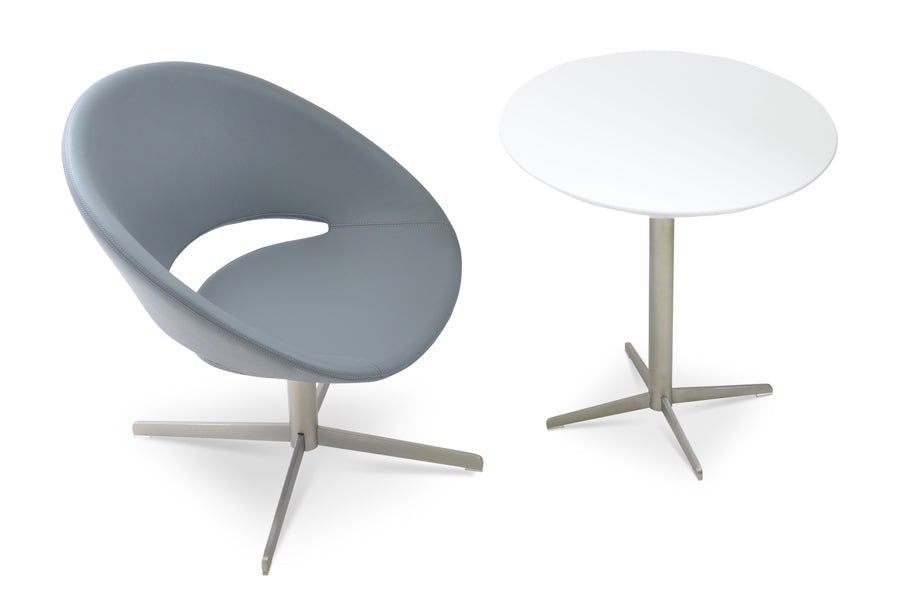 Crescent 4 Star Swivel Dining Chair by SohoConcept, showing lounge (with large seat) in grey leatherette & ares end table (with 4 star base).