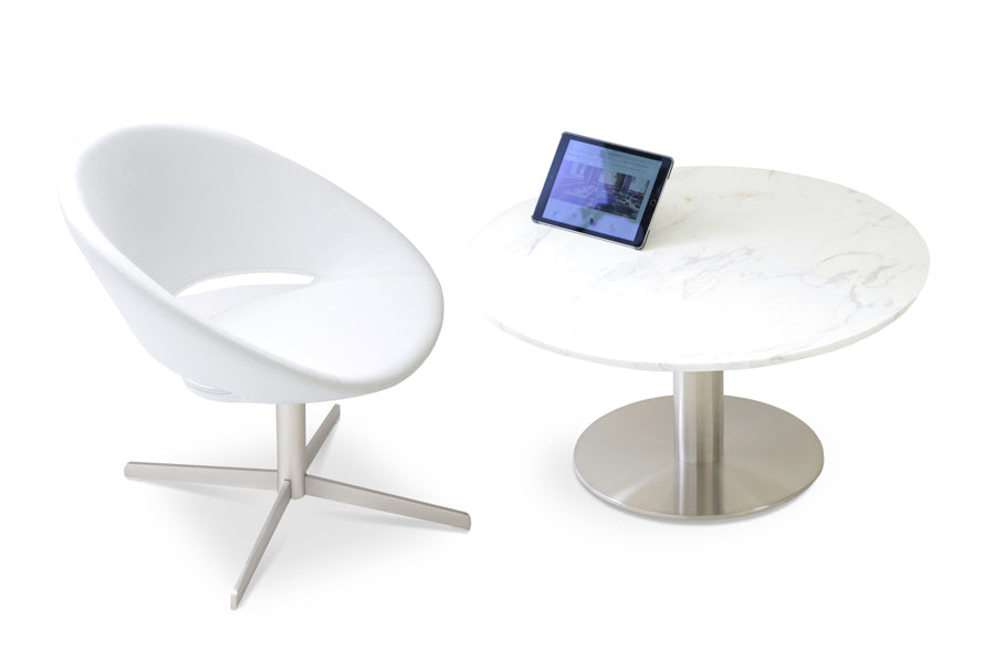 Crescent 4 Star Swivel Dining Chair by SohoConcept, showing in white leatherette (large seat) & tango coffee table.