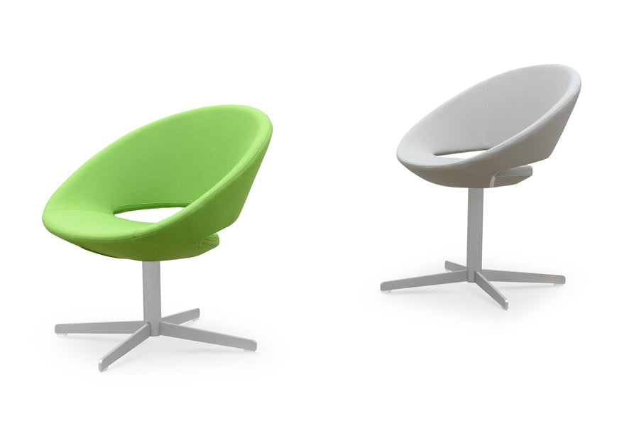 Crescent 4 Star Swivel Dining Chair by SohoConcept, showing two chairs in camira blazer pistachio wool & dining chair in bone ppm.