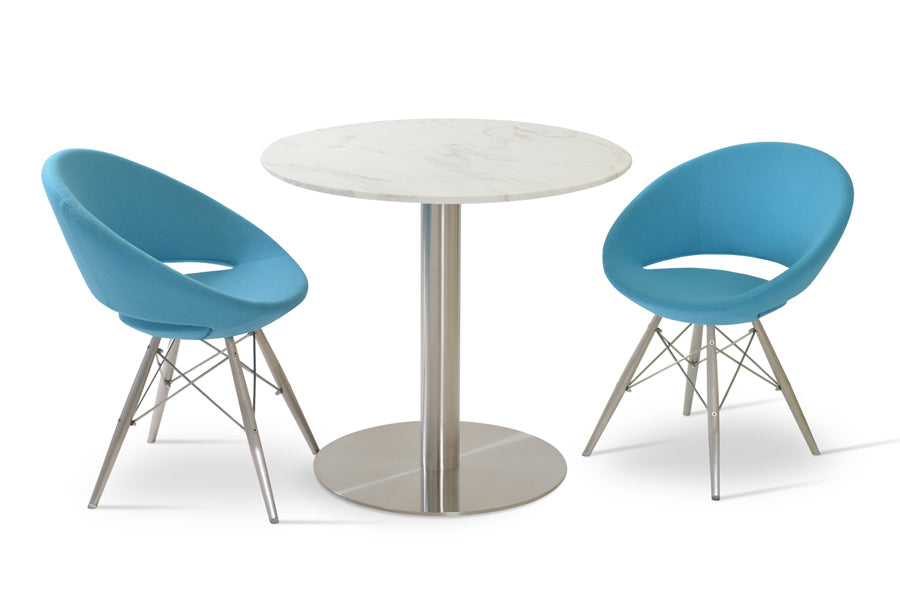 Crescent MW Dining Chair by SohoConcept, showing two chairs in camira blazer turquoise wool with stainless steel base & tango marble dining table.