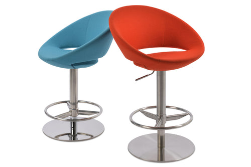 Crescent Piston Stool by SohoConcept, showing angle view in camira blazer turquoise wool & camira blazer orange wool with polished stainless steel & brushed stainless steel bases.