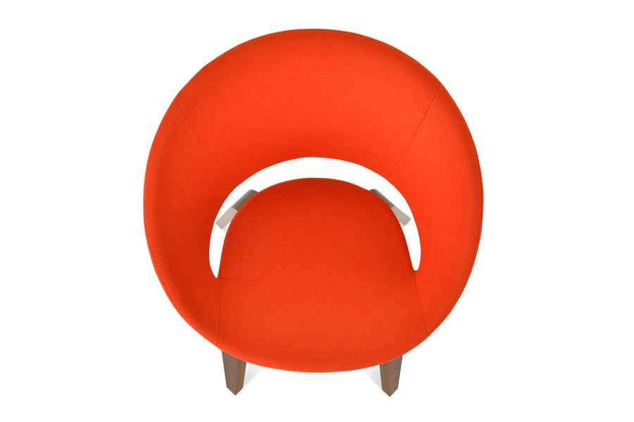 Crescent Plywood Dining Chair by SohoConcept, showing top view of crescent plywood dining chair in camira blazer orange wool with walnut finish.