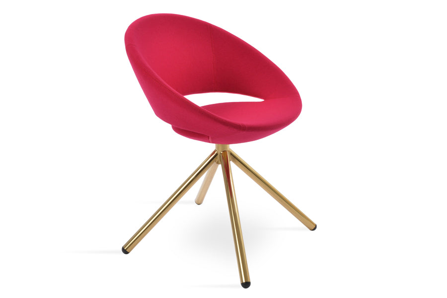 Crescent Stick Swivel Dining Chair by SohoConcept, showing angle view of crescent stick swivel dining chair in candy apple red wool with gold finish.