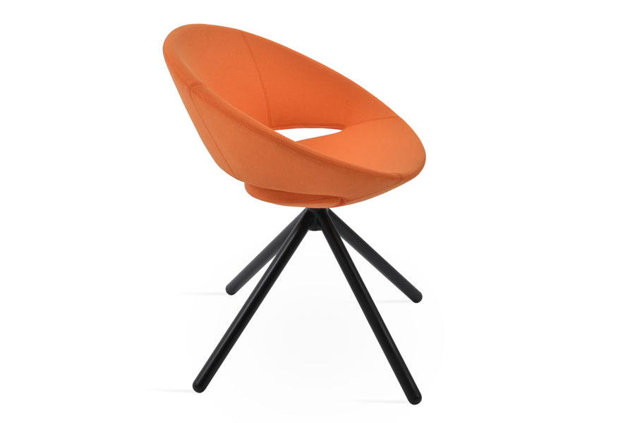 Crescent Stick Swivel Dining Chair by SohoConcept, showing angle view of crescent stick swivel dining chair in camira era orange fabric with black finish.