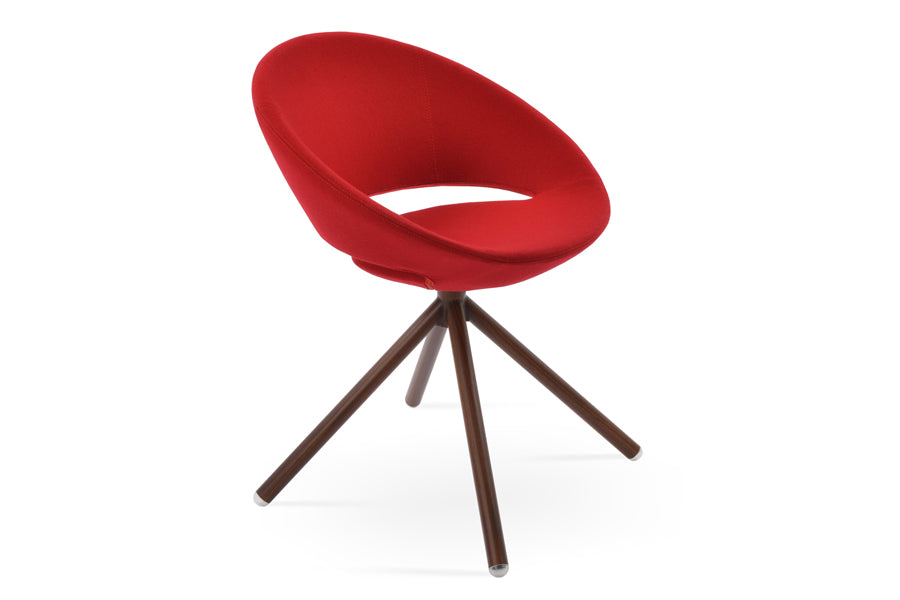 Crescent Stick Swivel Dining Chair by SohoConcept, showing angle view of crescent stick swivel dining chair in camira blazer red wool with walnut finish.