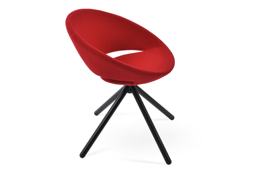 Crescent Stick Swivel Dining Chair by SohoConcept, showing angle view of crescent stick swivel dining chair in camira blazer red wool with black finish.