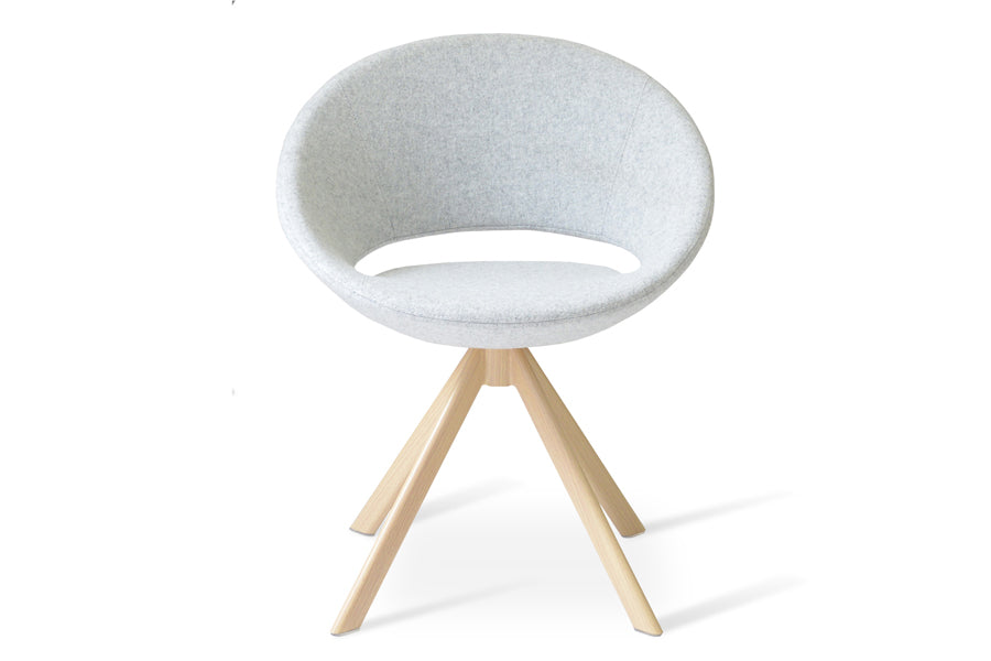 Crescent Sword Dining Chair by SohoConcept, showing front view in camira blazer silver wool with natural veneer steel base.