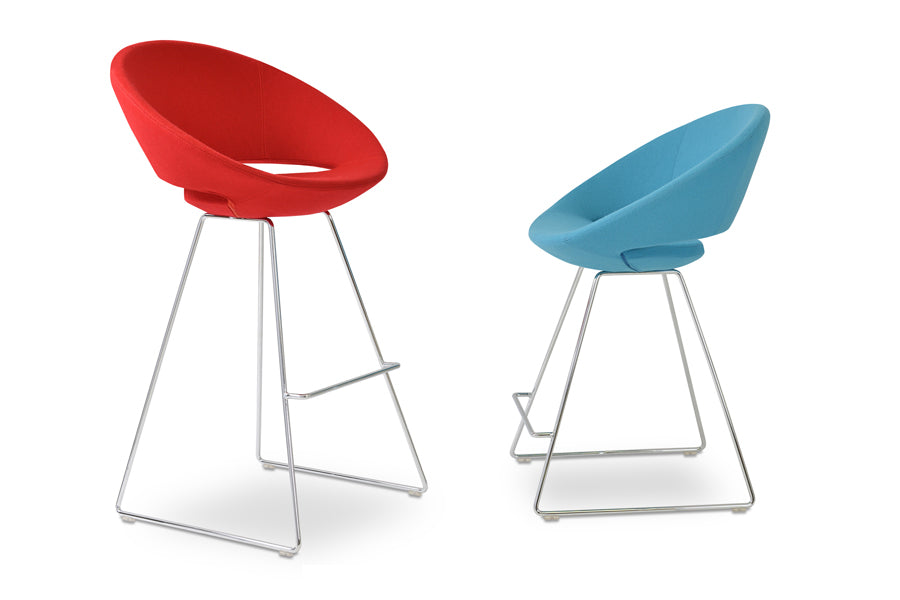 Crescent Wire Counter Stool by SohoConcept, showing angle view of counter & bar stools in camira turquoise wool & red wool with chrome base.