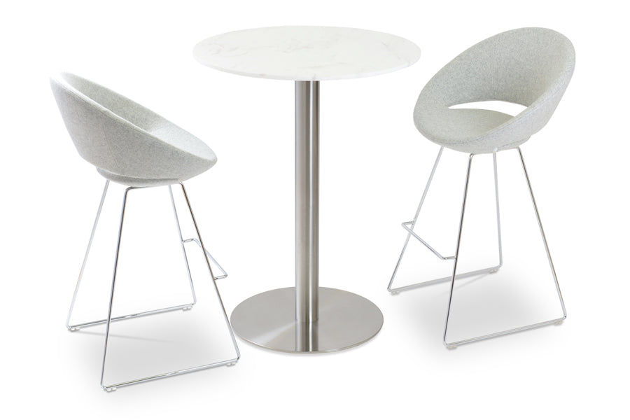 Crescent Wire Counter Stool by SohoConcept, showing angle view of counter & bar stools in camira blazer silver wool with chrome wire base & tango marble bar table.