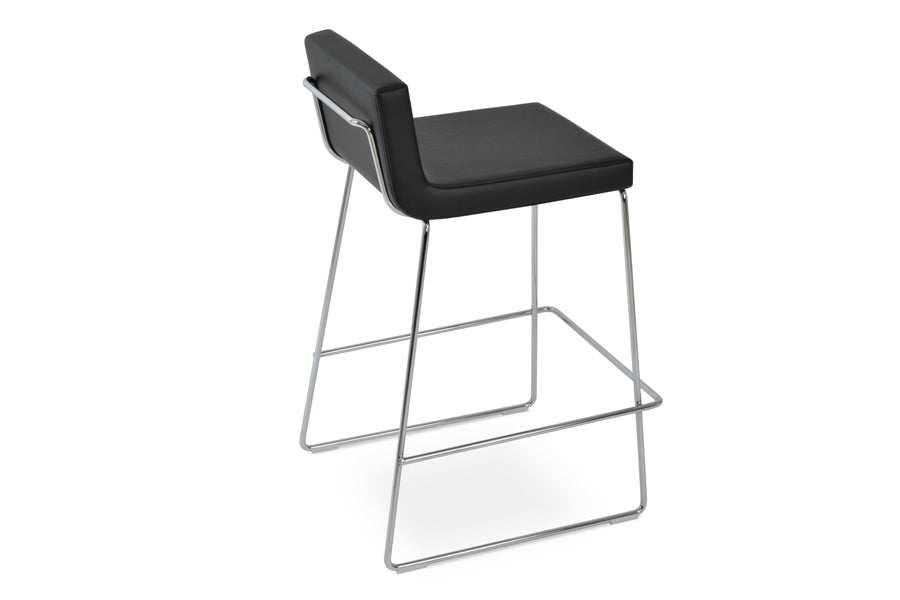 Dallas Wire Handle Back Stool by SohoConcept, showing angle view in black leatherette with chrome base.
