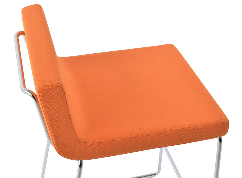 Dallas Wire Handle Back Stool by SohoConcept, showing closeup view in camira era orange fabric with chrome base.