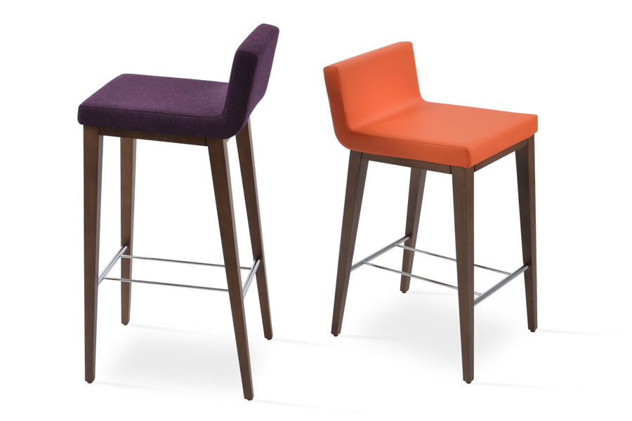 Dallas Wood Counter Stool by SohoConcept, showing angle view of dallas wood counter stools in camira blazer deep maroon wool and orange leatherette with natural base finish.