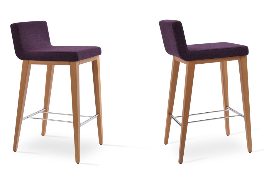 Dallas Wood Counter Stool by SohoConcept, showing angle view of dallas wood counter stools in camira blazer deep maroon wool with natural base finish.