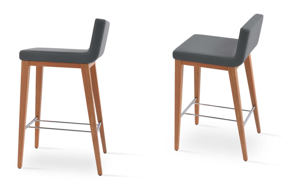 Dallas Wood Counter Stool by SohoConcept, showing angle view of dallas wood counter stools in grey leatherette with natural base finish.
