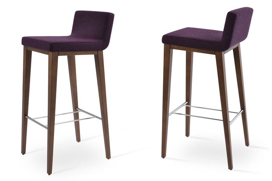 Dallas Wood Counter Stool by SohoConcept, showing angle view of dallas wood counter stools in camira blazer deep maroon wool with walnul base finish.