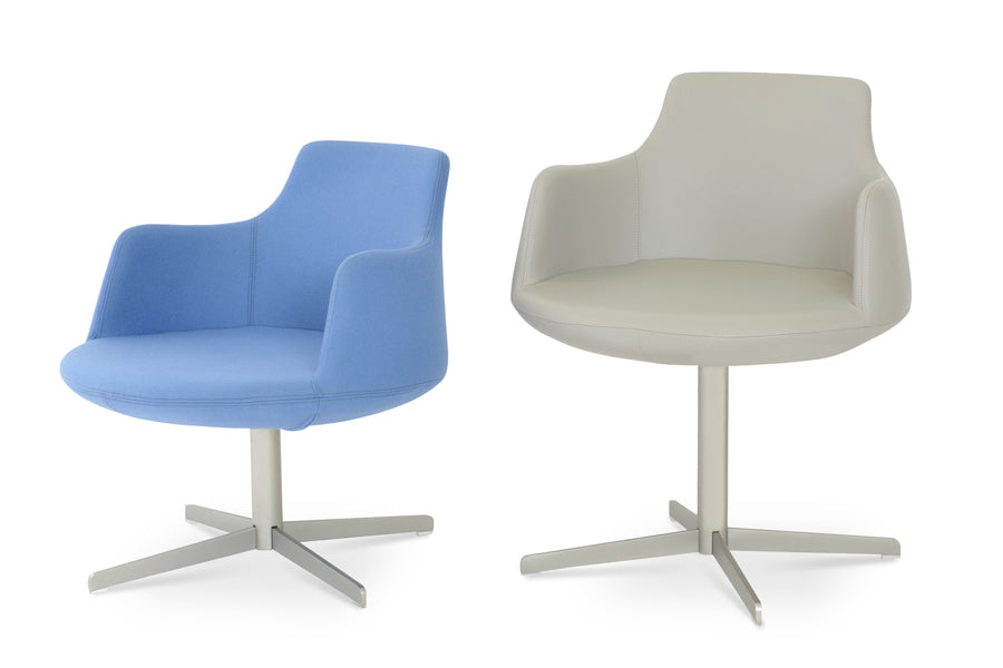 Dervish 4 Star Swivel Chair by SohoConcept, showing dining seat and lounge base (left) in camira blazer skyblue wool and bone leatherette respectively.