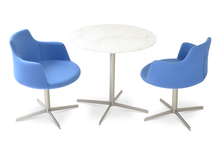 Dervish 4 Star Swivel Chair by SohoConcept, showing two chairs and diana dining table in camira blazer skyblue wool and marble top respectively.