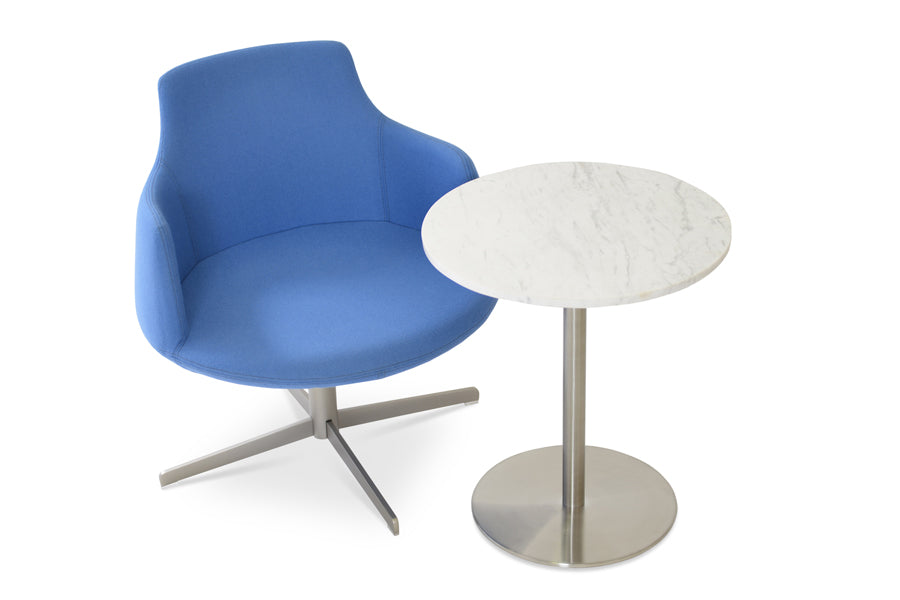 Dervish 4 Star Swivel Chair by SohoConcept, showing a chair (dining seat with lounge base) and ares end table in camira blazer skyblue wool and marble top respectively.