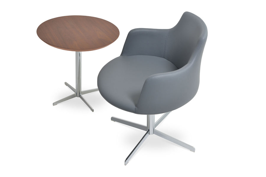 Dervish 4 Star Swivel Chair by SohoConcept, showing a chair (memory swivel) and diana end table in grey leatherette and walnu finish (21.5") top respectively.